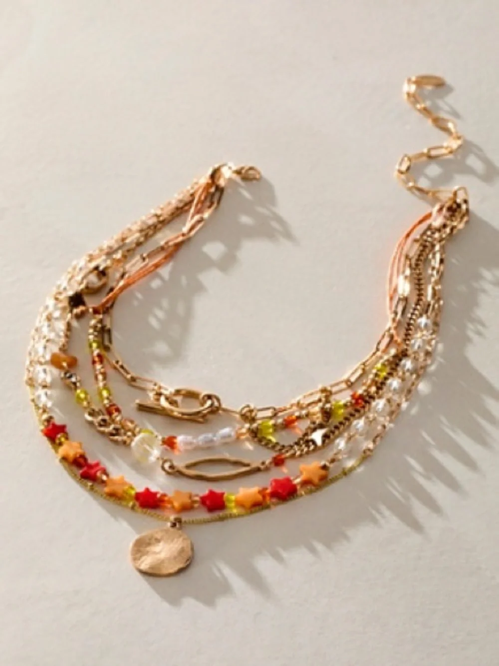 Free People Starry Layer Necklace Colorful Beaded Layered Celestial Charm NWT